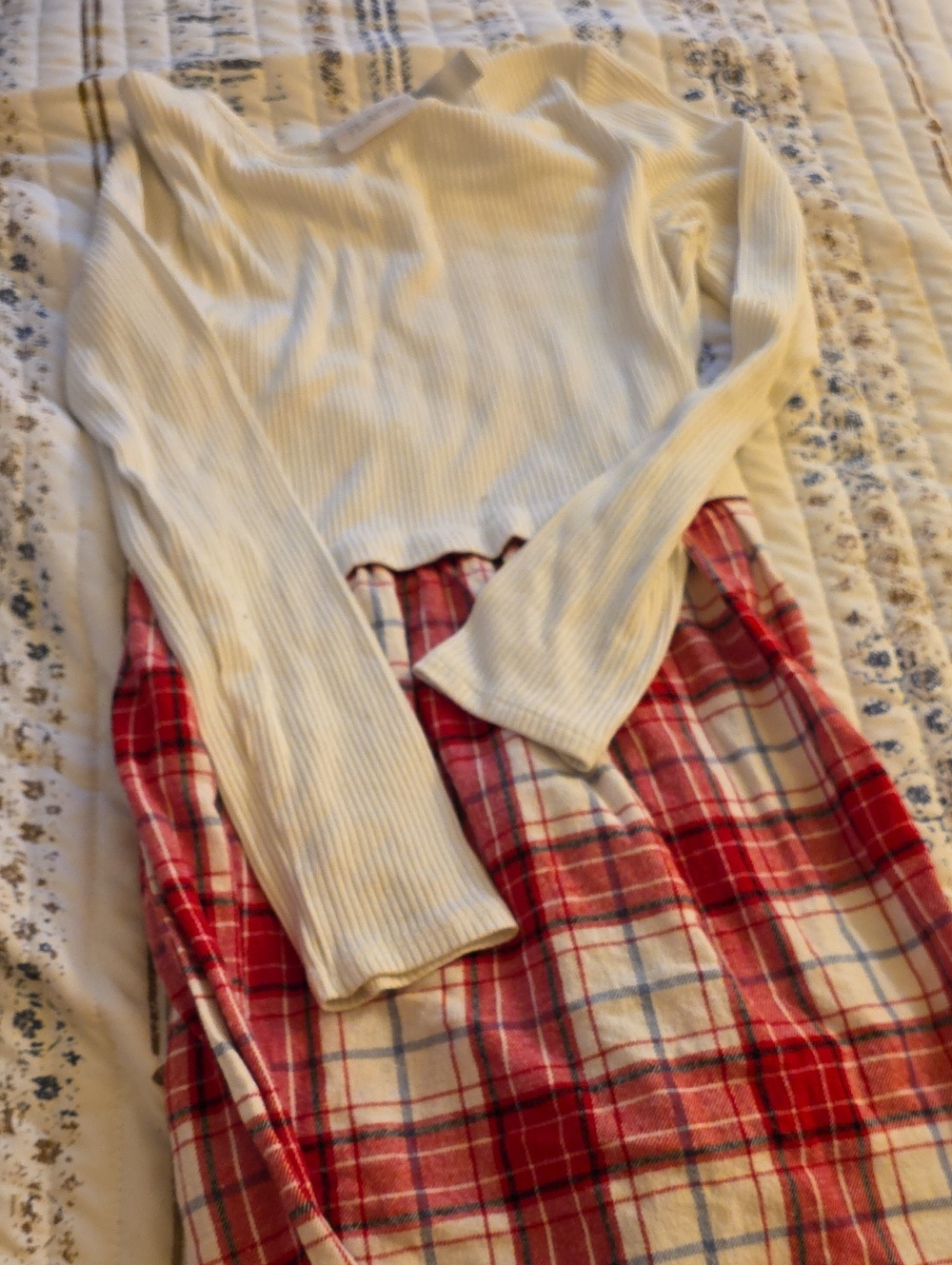 The Children's Place Cream Ribbed Top with Red Plaid Skirt Dress